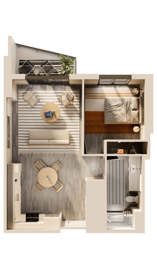 a 3d floor plan of a bedroom with a bathroom